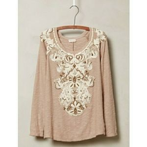 Anthro Meadow Rue Beige Embroidered Sweater Top